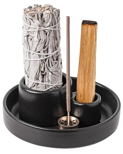 Ceramic Palo Santo and Sage Holder Incense Holder for Palo Santo Sticks Sage Burner Dish Stand with Ash Catcher Modern Minimalist (Black)
