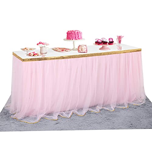 Besutolife Tulle Desk Skirt Pink Tutu Table Skirt for Rectangle Tables Baby Shower Girl Wedding Birthday Unicorn Party Decorations
