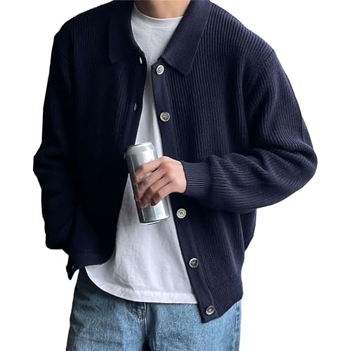 Men's Revers Collar Knitted Sweater Fall Winter Warm Knitwear Long Sleeve Button Lightweight Cardigan