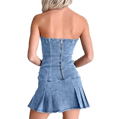 Image of Sexy Tube Denim Dress Corset Strapless Ruffled Hem Jean Mini Dress