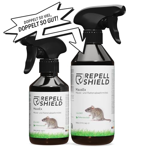 RepellShield® Rattenabwehr & Mäuseabwehr Spray -500ml- Mäuse Abwehrmittel zum Mäuse vertreiben - hält Ratten & Nagetiere fern, Nicht färbend, Pfefferminzöl Duft