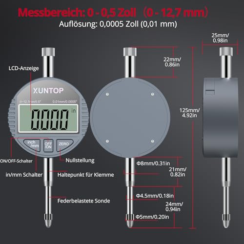 XUNTOP Digitales Bohrungsmessgerät Messuhr Set digitales mechanisches messuhr Messgerät für Innendurchmesser 50-160 mm (2-6 Zoll) Hohe Präzision Innenmessgerät zur Messung des Innendurchmessers
