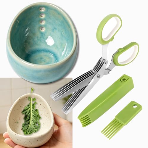 2026 Latest Herb Stripper Pottery Bowl Cutter Tool: Stripping Ceramic Fresh Herbs Kale Striper Cilantro Cutting Razor Gifts Herbalists Peeler Shredder Chopper Clay Copper Small Cup Grater (Green B)