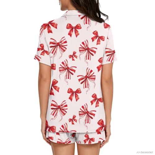 Image of Renewold Button Down Womens Pajama Set Short Sleeve Loungewear Bow Nightwear Sleepwear Night Suit Tops Shorts 2 Pieces