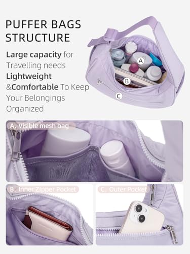 Image of WESTBRONCO Small Puffer Crescent Shoulder Bag for Women, Nylon Quilted Shoulder Purses, Puffy Handbags with Adjustable Strap