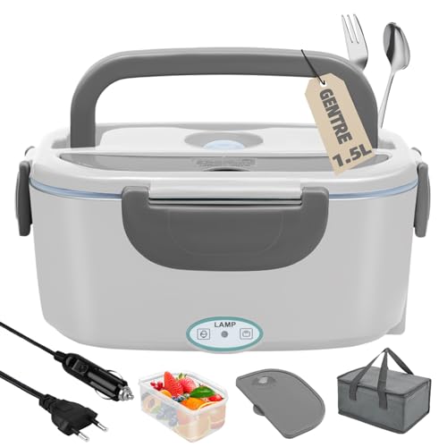 Fiambrera Electrica 4 en 1 12V/24V/220V~240V 1.5L 60W para Coche Camión y Trabajo Calentador de Comida Portatil con Termo en Acero Inoxidable con Tartera Bolsa Térmica y Juego de Cubiertos