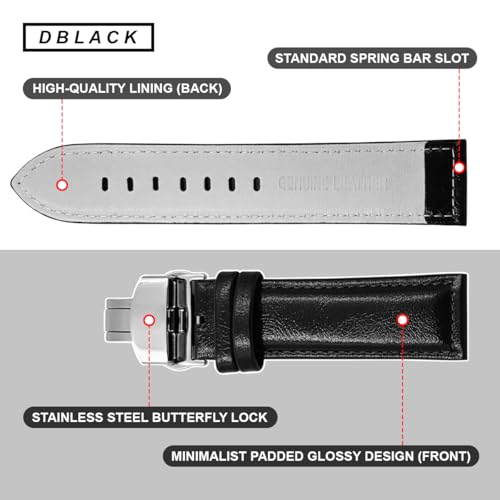 Image of DBLACK ''BUZZ'' Premium Leather Watch Strap with Butterfly Lock, Minimalist Glossy Finish Watch Belt / / For 20mm, 22mm, or 24mm Watch Band (Choose Your Size & Color)