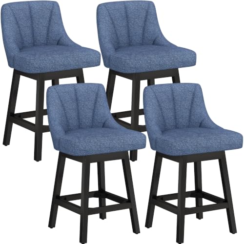 Image of YaFiti 26 inch Fabric Swivel Bar Stools Set of 4 with Back & Wood Leg,Navy Blue | Linen Fabric, Extra Upholstered Seat, Counter Stool, Square Solid Wood Legs, with Backrest & Footrest, for Kitchen Island Bar