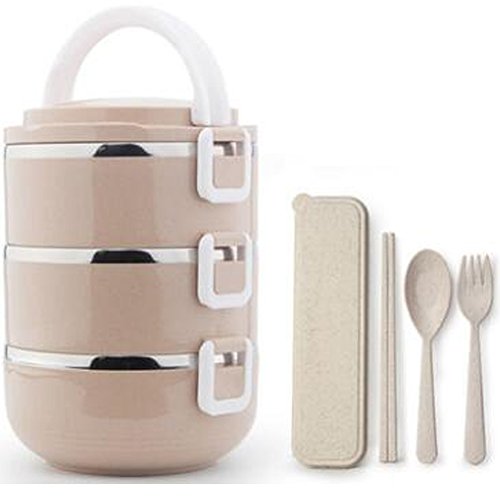 candy88弁当箱 保温ランチジャー コンパクト ランチボックス ステンレス 密封 大容量 通勤 通学1〜4段選択 (3段式, カーキ)