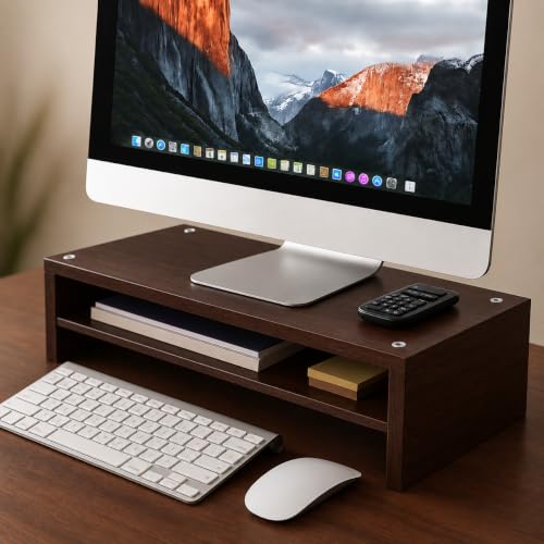 Image of Wooden Monitor Stand with Storage Organizer For Desk, Tables, Office, Home, Studio, Study Table | Desktop Ergonomic Monitor Stand Riser (Dark Brown, Large)