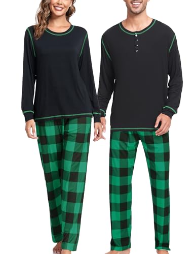 Image of SWOMOG Couple Matching Pyjamas Set Christmas Pjs Long Sleeve Top & Plaid Bottom Soft Sleepwear Loungewear Women Green XX-Large