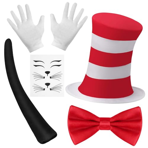 AUYAO Adults Halloween Crazy Cat Fancy Dress Costume - 4 Pcs Set With Striped Red Hat Red Collar Tie White Gloves Tail - World Book Day Cat in the Hat Accessory