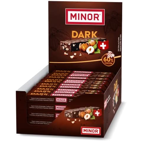 MINOR Almond Stängel Display | Veganer Schokoriegel aus der Schweiz | Schokoladen Riegel mit Mandel und Haselnuss Splittern Cover