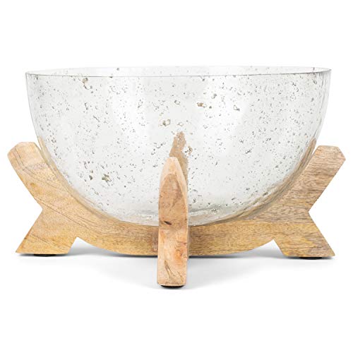 Demdaco Decorative Clear 11 X 11 Glass Bowl With Natural Brown Wood Pedestal Base #TOP1