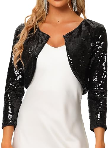 Allegra K Women's Halloween Costume Sequin Jacket Sparkly Party 3/4 Sleeve Open Front Crop Bolero Shrug Cardigan