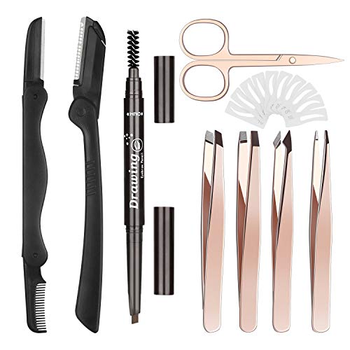 Eyebrow Razor Kit for Women, Grooming Tools with 4 PCS Premium Eyebrow Tweezers, Eyebrow Razor with Comb, Eyebrow Scissors, 10 PCS Eyebrow Stencil Kit (Rose Gold Eyebrow Kit-Dark Brown Eyebrow Pencil)
