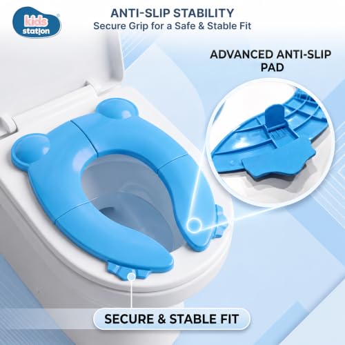 Image of Kids Station Baby Portable & Foldable Baby Unisex Potty Training Toilet Seat with Non-Slip Base, Splash Guard, and Storage Hook-Ideal for 0-6 Year Child, Travel-Friendly (Blue, Foldable Potty Seat)