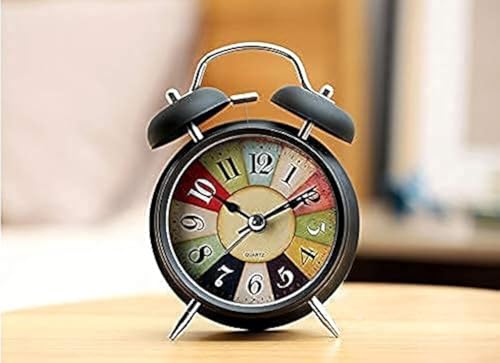 Image of Brass Vintage Twin Bell Table Top Alarm Clock with Night LED Light Analog Display Extra Loud Alarm Sound Black Clock for Wake-up Time Morning Walk Home Decor (Black, 11cm)