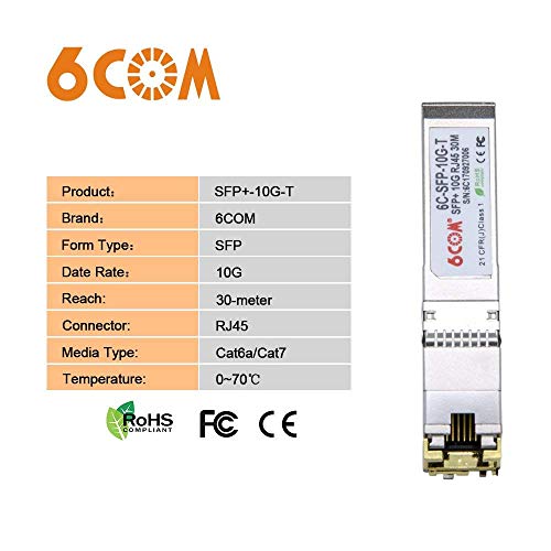 Image of 6COMGIGA 10GBase-T SFP+ Transceiver, 10G SFP+ Copper Module to RJ45, Cat.6a /7, up to 30m, Compatible with NETGEAR AXM765 and Other Open Switches
