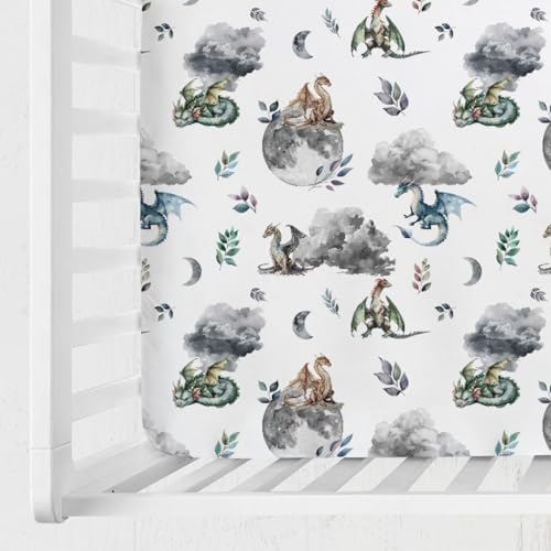 Image of Watercolor Dragons Fairytale Baby Crib Sheets - 52''x28'' Dragon Wings Leaves Moon Clouds Stretchy Fitted Mattress Cover for Boy & Girl - Soft Nursery Bed Sheets for Standard & Toddler Mattress
