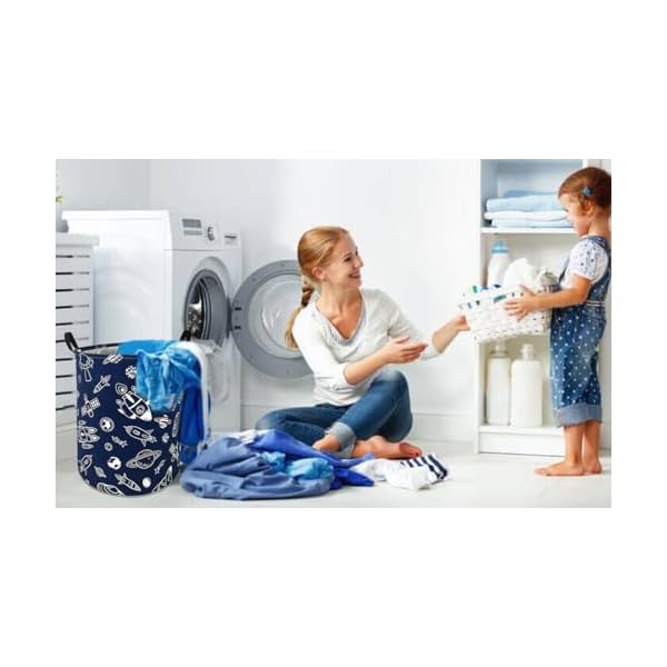 Round spacecraft pattern laundry hamper storage basket organizer hamper storage bins for clothes toys box nursery hamper gift basket with handles  urban country home decor