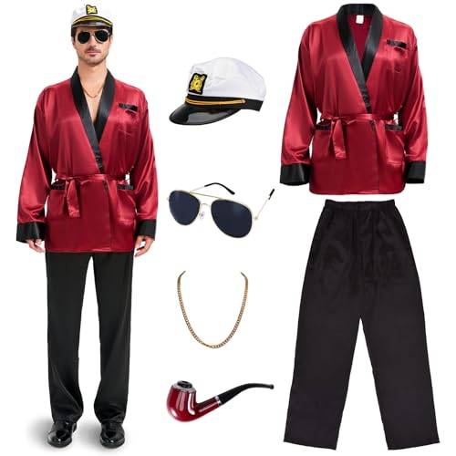 Halloween Red Silky Robe Jacket Costume Set Men's Captain Outfit with Hat Sunglasses Chain Funny Adult Party Cosplay, Red, XXL