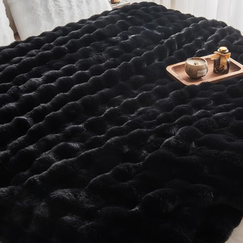 Image of EMME Faux Fur Blanket Twin Size Black - Big Bubble Rabbit Cozy Blanket for Couch, Thick Furry Plush Shaggy Blankets, 650GSM, 60x80 Inches