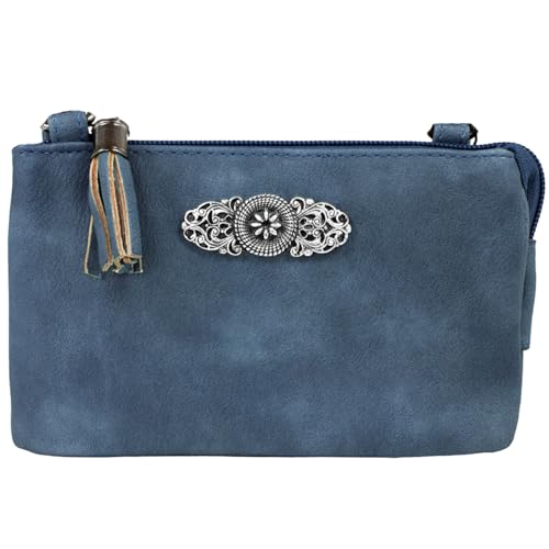Trachtenland Damen Trachten Handtasche Sofia – Dirndl Umhängetasche aus Lederimitat mit Applikation & Troddel in Pastellfarben oder Schwarz (Dunkelblau, ca. 18 x 12 x 8 cm)