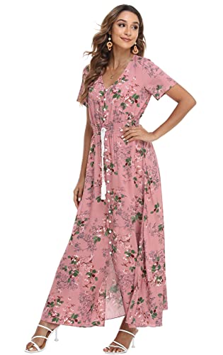 Image of VintageClothing Women's Floral Maxi Dresses Boho Button Up Split Summer Casual Long Dress Beach Party Dress