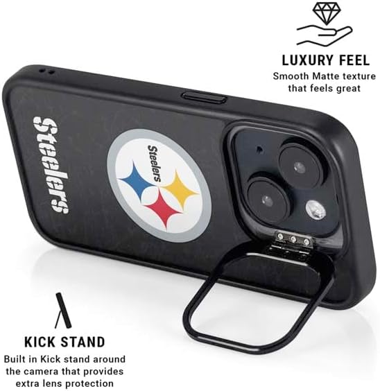 Skinit Kickstand Phone Case Compatible with iPhone 16 Plus - Officially Licensed NFL Pittsburgh Steelers Distressed Design