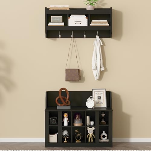 Image of Shoe Storage Bench with Shelves and 4 Hooks, Entryway Hall Tree with Shoe Cabinets with Coat Rack