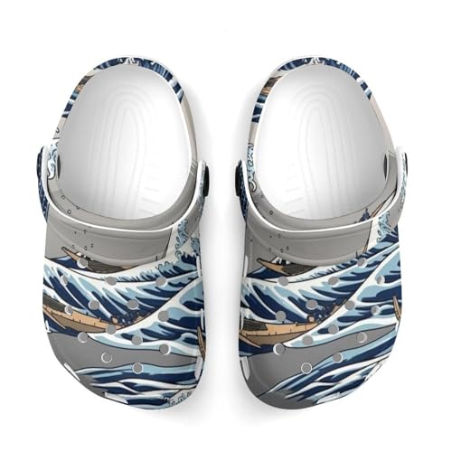 Boy's Fashion Beach Pool Slippers Toddler Sandals for Stylish Water Play, Japanese Painting Art Nautical Boats The Great Ocean Wave Off Kanagawa