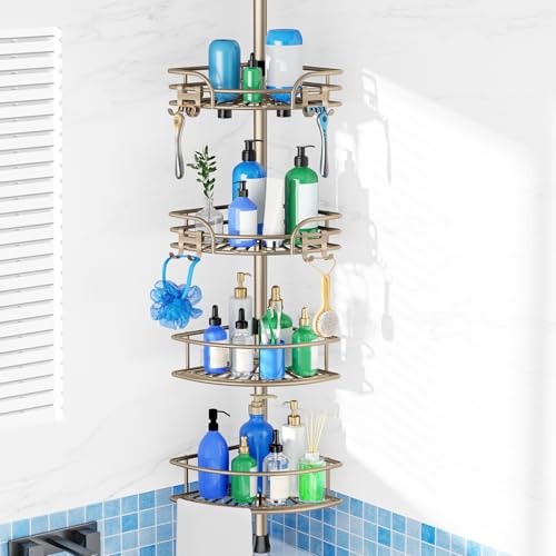 Image of HAMITOR Corner Shower Caddy Tension Pole, 4-Tier Adjustable No-Drill Shelf