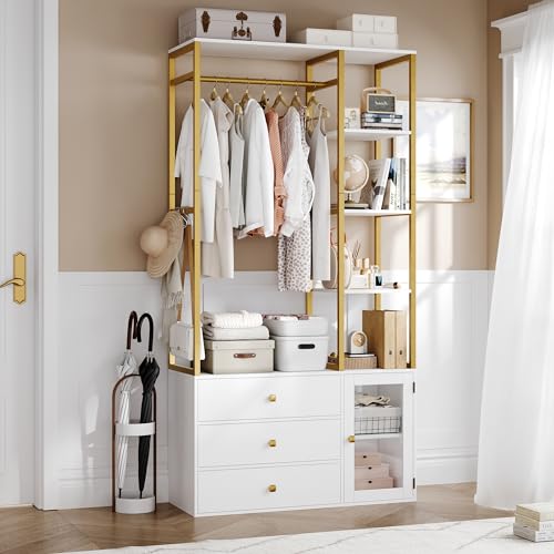 BOTLOG Closet System Organizer, 81.3” H Wardrobe Closet with 3 Wooden Drawers, Clothes Rack with Hanging Rods, 4 Tiers Shelves, Metal Frame, White and Gold