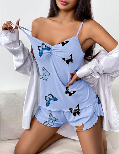 Image of Ekouaer Womens Cami Pajama Sets 2 Piece Ribbed Knit Lingerie Sleeveless Tank Top and Shorts Camisole Pjs Sleepwear
