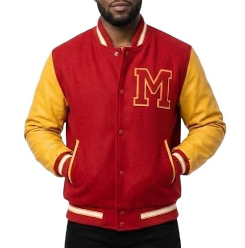 Lashvine Mj Thriller Jacket 80s Pop Culture Fashion Red And Yellow Varsity Jacket With M Logo Red Wool Letterman Jacket