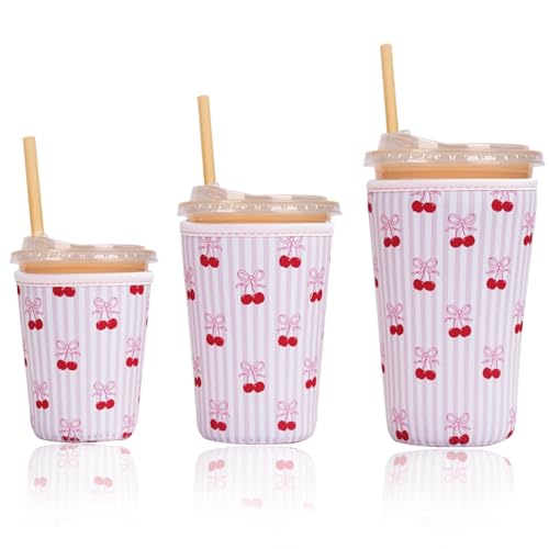 Image of Reusable Insulated Sleeve for Iced Coffee Cup, 3-Pack Coffee Neoprene Drink Sleeve for Cold & Hot Drinks, Beverage Holder for Iced Coffee (Pink Striped Cherries)
