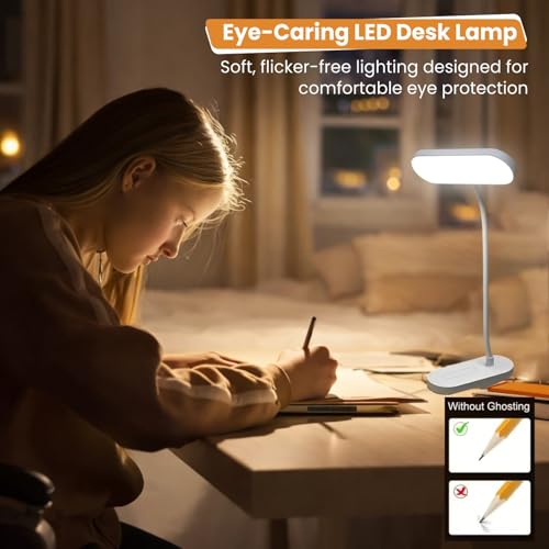 Image of Dyazo LED Table Desk Clip Lamp | Flexible Bendable Arm with 3 Color Modes & Adjustable Brightness | Eye-Caring Rechargeable with Power Indicator Light for Books Reading, Bed, Kids & Home Use (White)
