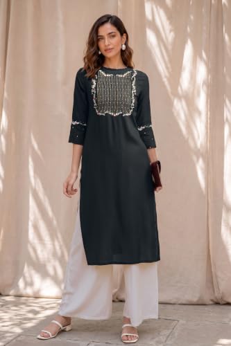 Image of MIRCHI FASHION Women's Straight Fit Rayon Sequins Embroidered and Polka Dots Printed Kurti Only