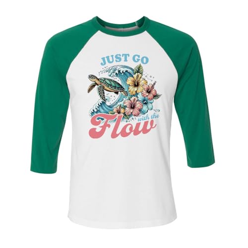 TeesAndTankYou Just Go with The Flow Three-Quarter Raglan Sleeve Baseball Shirt Unisex Medium White/Kelly