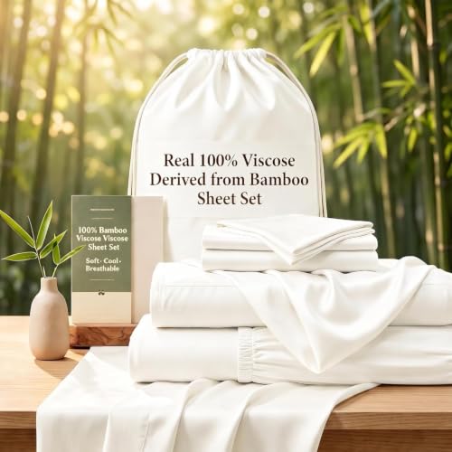 Image of TWK Genuine 100% Viscose Derived from Bamboo Bed Sheets，Breathable & Soft, Deep Pocket Up to 18 inch, Hotel Luxury Silky Bedding for Hot Sleepers (White, King)