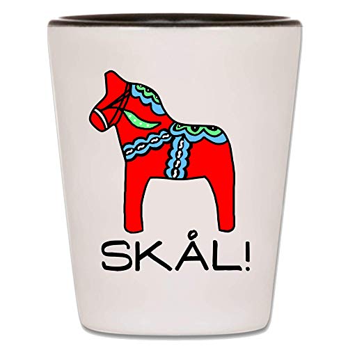 Sweden Shot Glass - Swedish Dala Horse - Ceramic Akvavit Novelty with Dalahast Skål Design - Sverige Dalarna Folk Art - Scandinavian Heritage Pride Drinking Gift - Nordic Viking Accessories (1)
