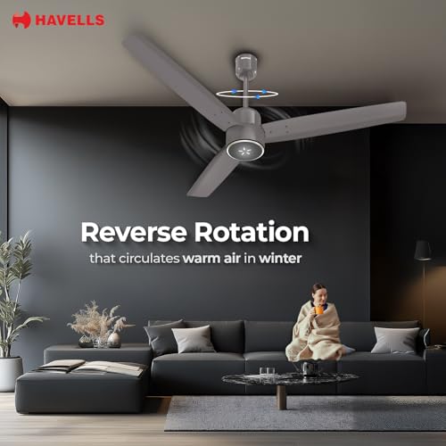 Image of Havells EPIC SIGNIA BLDC Ceiling Fan 1200mm, 5 star, LED Speed Indicator, 380 RPM, Up to 65% Savings,Reverse Rotation,4 Speed Modes,Low Wattage 30W, Low Noise,Air Flow:225 CMM, Stone Grey