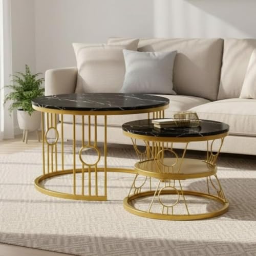 Image of Modern Nested Coffee Table Set of 2 | Round Marble Finish Tabletop with Metal Base | Luxury Center Table for Living Room, Lounge & Office (Ring Black Gold)