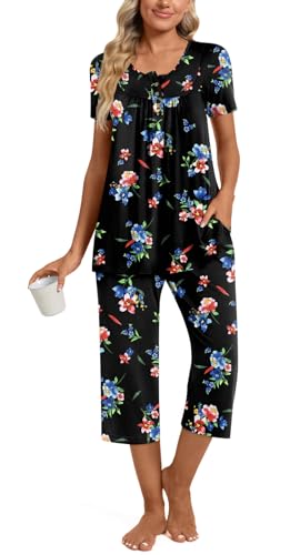 Image of Womens Summer Pajama Sets 2 Piece Short Sleeve Top and Capri Pants Plus Size Ladies Lounge Pjs Sets with Pockets