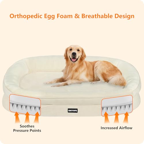 HMTOPE Orthopädisches Hundebett, Hundesofa, Vierseitiges Nackenrolle Kissen, rutschfeste Unterseite Hundekorb, Abnehmbar und Waschbar, Mittelgroße Hunde, Grosse Hunde, 106 x 79 x 17 cm, Beige