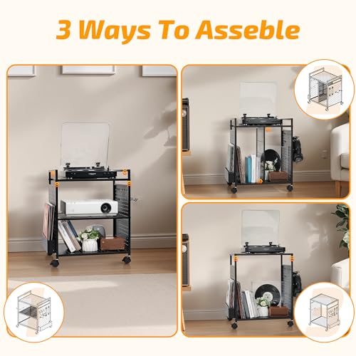 PLKOW Record Player Stand Audio-Video Organizer Rack, Rolling Media Stand for Vinyl Display, AV Components, Game Discs, Controllers & Headphones (Black) - Image 6