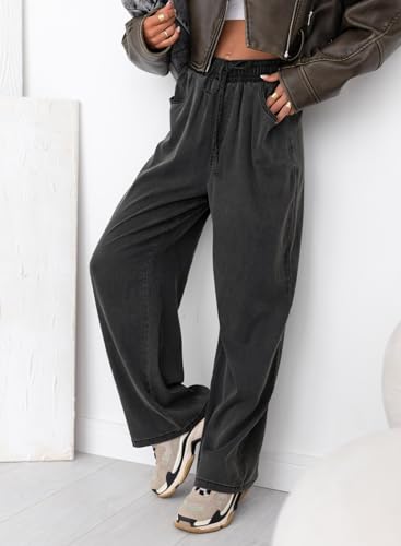 Sidefeel Women's High Waisted Wide Leg Jeans 2024 Summer Drawstring Denim Pants Black Size 43