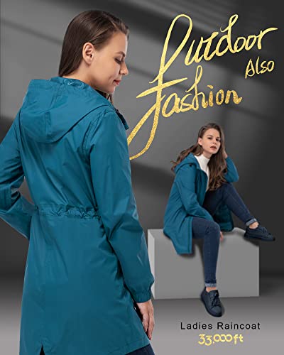 33,000ft Moroccan Blue Women's Waterproof Long Rain Coat: Lightweight and Packable with Hood - Image 4
