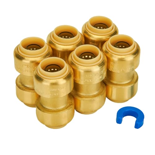 Image of 1 /2 Inch Coupling, Push to Connect Plumbing Fitting, Brass, 6-Pack | Straight Coupling, for Pex Pipe, Copper, CPVC, PE-RT, with 1 Disconnect Clip
